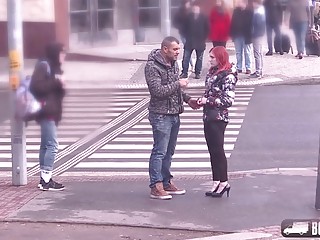 Cute redhead enjoys a sneaky hardcore gang bang in public