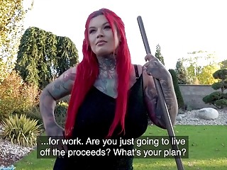 Tattooed babe with big tits fucks hardcore for money outside
